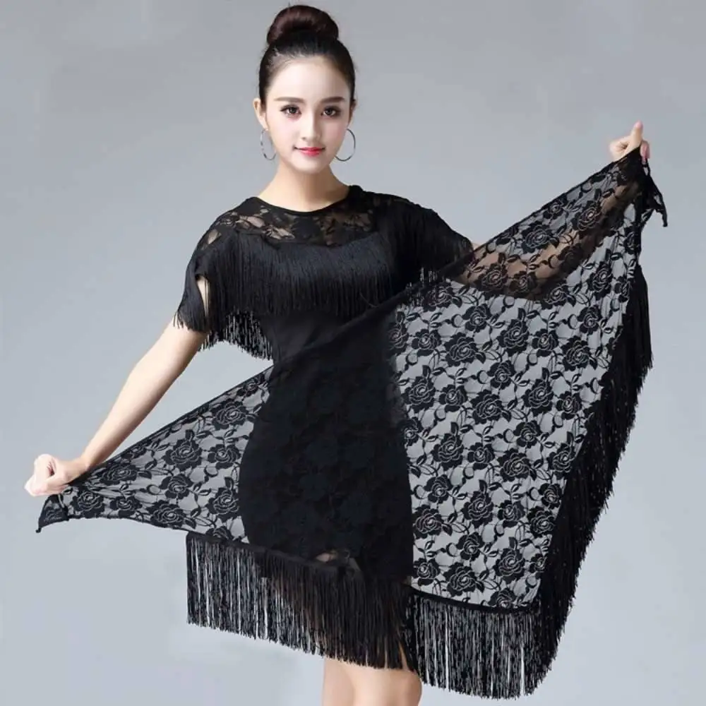 Black lace rose fringe latin dance skirts women girl salsa rumba chacha ballroom ballet dance triangle practice wrap hip scarf