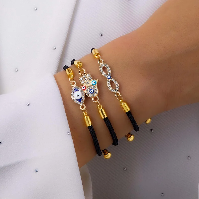 Lucky Evil Eye Braid Bracelet for Women Men\'s Fashion Rhinestone Black Red Woven Rope Chain Adjustable Jewelry Friendship Gift
