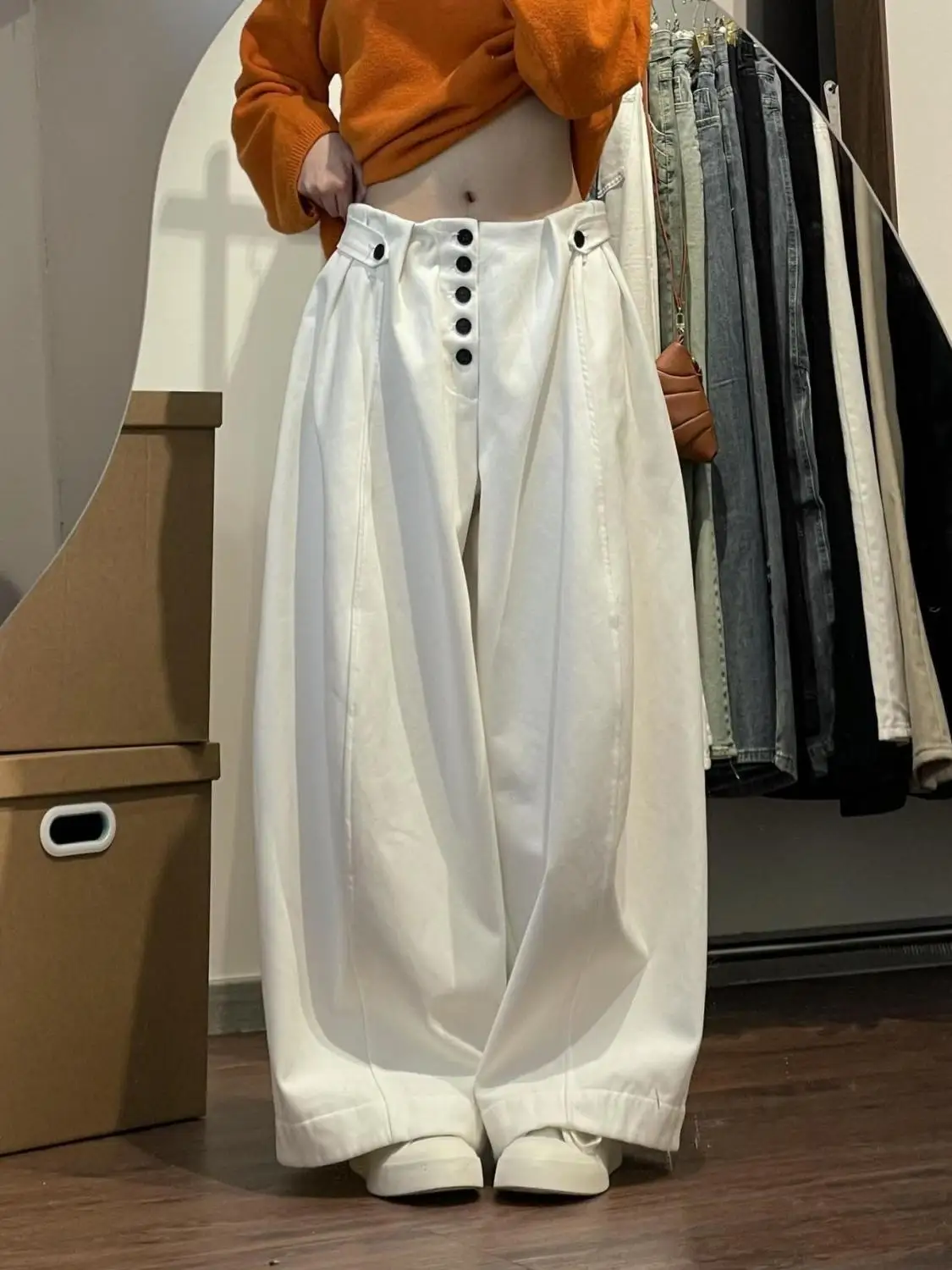 

Retro White Pleated Wide-leg Pants Women's Spice Girls Loose Floor-mopping Trousers Baggy Pants