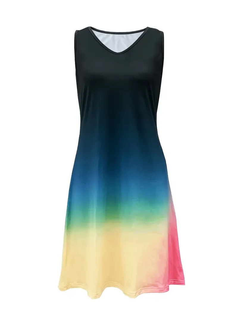 

Summer Women's Fashion Color Blocking Print Sleeveless Vest Dress Crew Neck Pocket Casual Dress Plus Size Dress Women's Wear