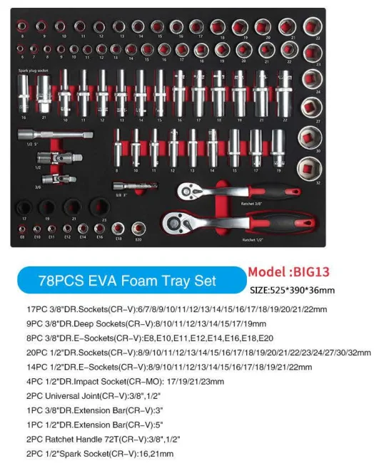 SKY HAMMER 78PCS Deep Socket Ratchet Handle Wrench Tool Set OEM for Auto Repair Tool Cabinet Troelly Tray with 3-Year