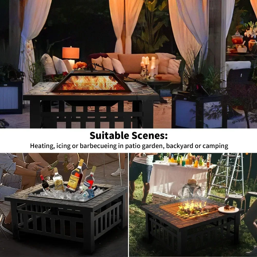 Square Metal Fire Pit Table, BBQ Firepit Stove, Backyard Garden Fireplace with Spark Screen Lid and Rain Cover for Camping