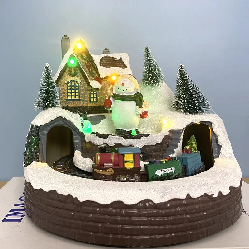 Christmas Snow Village House Sculpture with Music Landscape Christmas Scene Village Decoration House Statue with Colorful Light