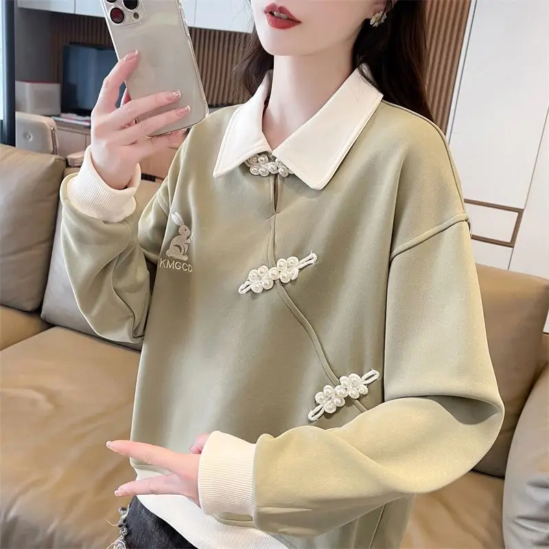 Dopamine college wind contrast stitching blouse female autumn 2024 new Chinese loose casual fashion Polo neck sweater