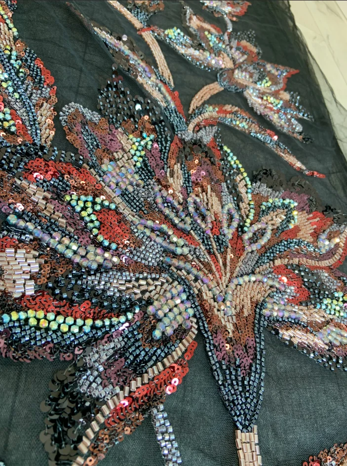1 Piece Black Lace Fabric Patch with Luxury Colorful Beads Flower Applique for Wedding Dress,Ball Gown,Haute Couture Accessories view 3