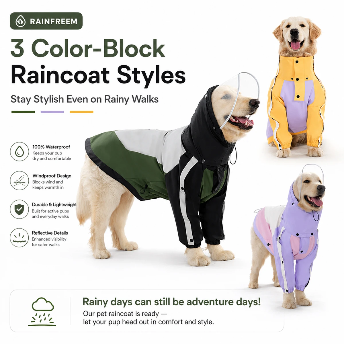 Waterproof Oilproof Stainproof Dog Coat 3 in 1 Protective Pet Clothes Multiple Ways to Wear for Medium Large Dogs