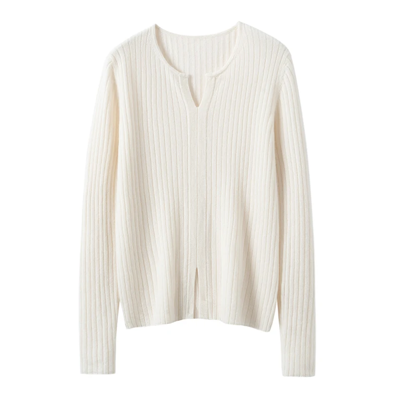 Autumn Winter Women 100% Premium Cashmere Ribbed Knit Notch Collar Sweater Simple Elegant Exquisite Solid Color Base Layer Top
