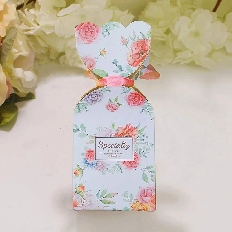 50 Pcs Floral Pattern Candy Boxes Wedding Bridal Shower Baby Birthday Party Favor Gift Box With 50Pcs Light Pink Ribbon