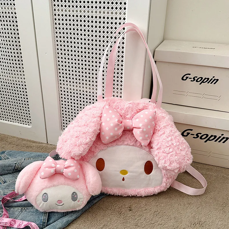 

Милый плюшевый рюкзак My Melody, плюшевая сумка с мультяшным принтом для женщин, модная сумка через плечо большой вместимости, повседневная сумка-тоут.