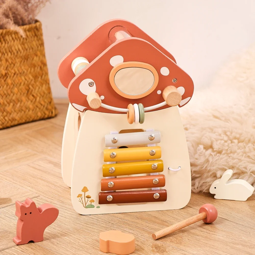

Montessori Wooden Educational Wooden Blocks Shape Pairing Mushroom Busy Box for Kids Musical Percussion Toys