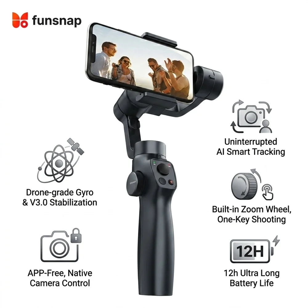 Estabilizador de Gimbal de 3 Ejes Funsnap Capture 2S con Seguimiento por IA para Smartphone y Gimbal Antivibración para iPhone y Xiaomi