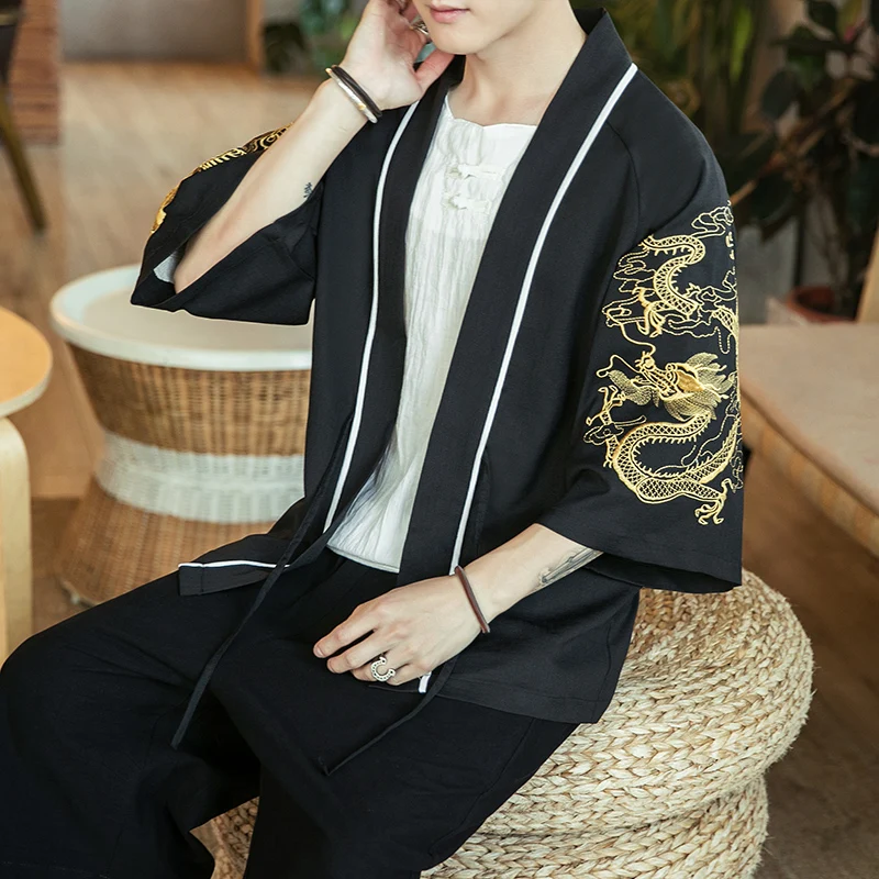 Japan Samurai Shirt Men Embroidered Japanese Kimono Short Sleeve Cardigan Men Summer Thin Fashion Casual Yukata Cardigan Top Men