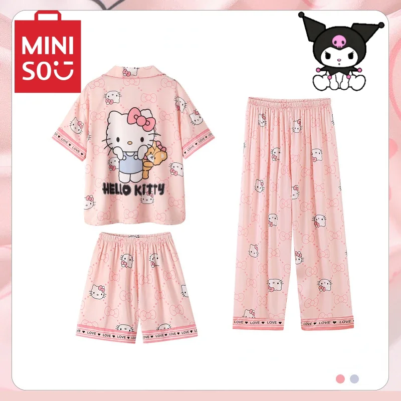 MINISO Sanrio Kinderpyjama Lente/Zomer/Herfst Dunne Loungewear Kuromi Driedelige set Korte mouwen Meisjes Vakantiecadeaus