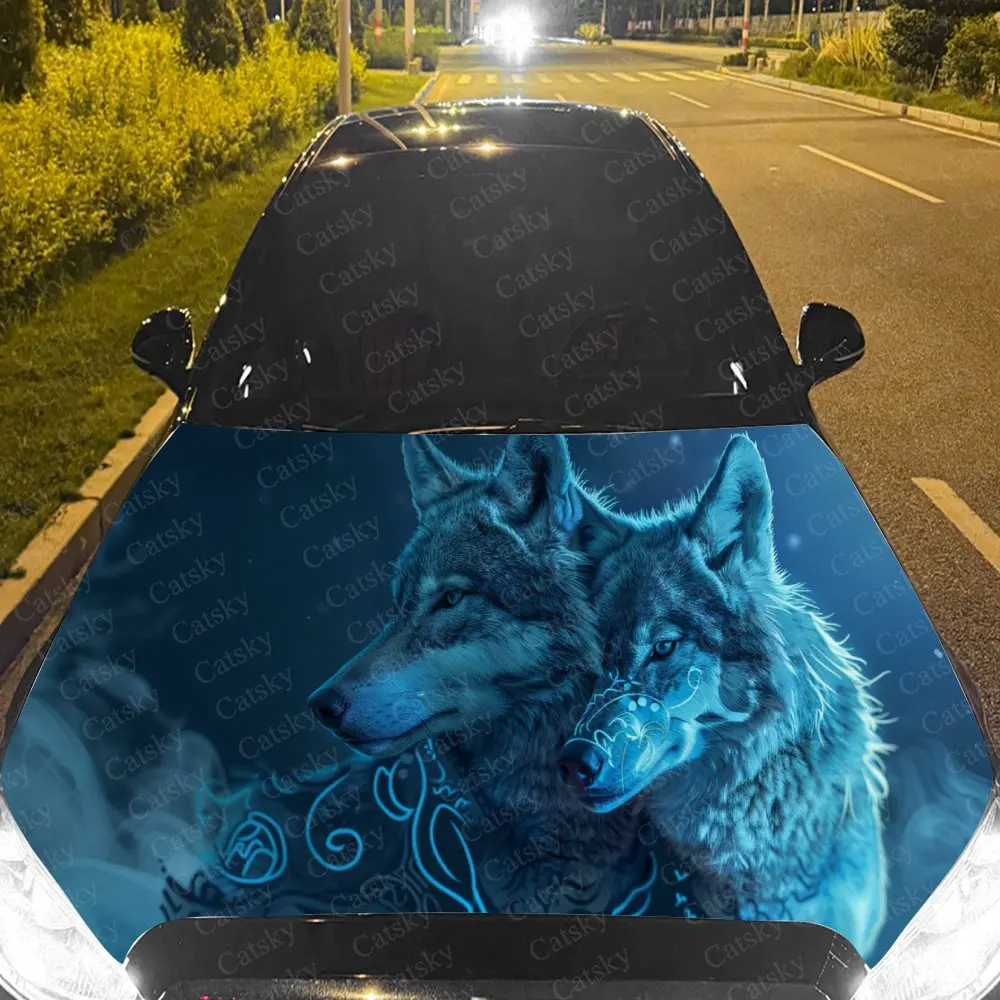 Blue Wolf Pair Car Cover Decal, Auto Hood Sticker, Waterproof and Self-adhesive Auto Vinyl Wraps, Cool Car Exterior Decoration,