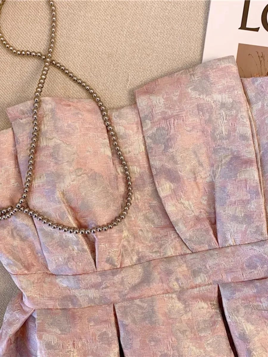 Foamlina Frans ontwerp geplooid olieverfschilderij print bandeau top dames zomer 2025, nieuwe cinched taille uniek heet meisje vest camis