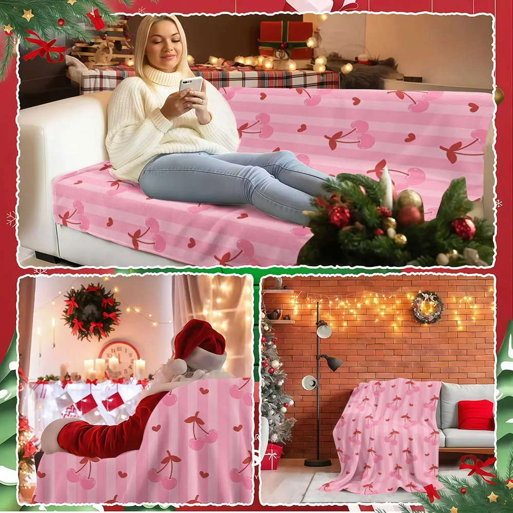 Pink Cherry Stripes Winter Summer Flannel Blanket Throw Fleece Soft Fuzzy Plush Cozy Fleece Blankets for Sofa Ideal Gifts