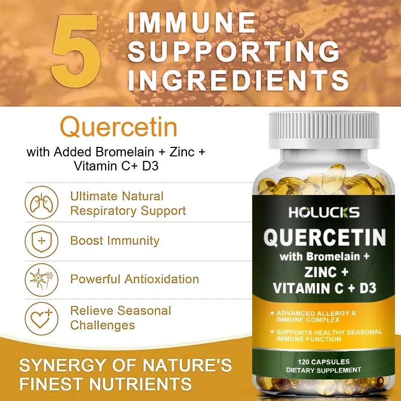 Quercetin with Zinc and Bromelain , with Vitamin D and C, Antioxidant, Heart, Skin, Immune Support - 120 Vegetarian Capsules