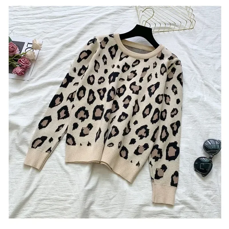 Women\'s Long Sleeve Knit Leopard Pullover Sweaters+Elastic Waist Pants Sets Fashion Trousers Two Pieces Costumes Outfit N423