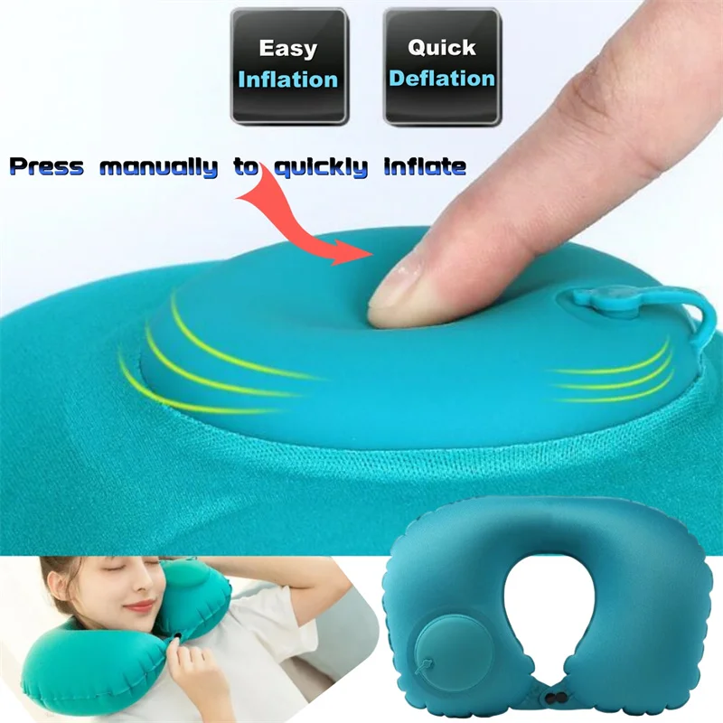 Press Type Inflatable Neck Pillow U Shape Air Pillow Milk-Silk Neckrest Portable Sleeping Travel Pillow for Car Airplane Hiking