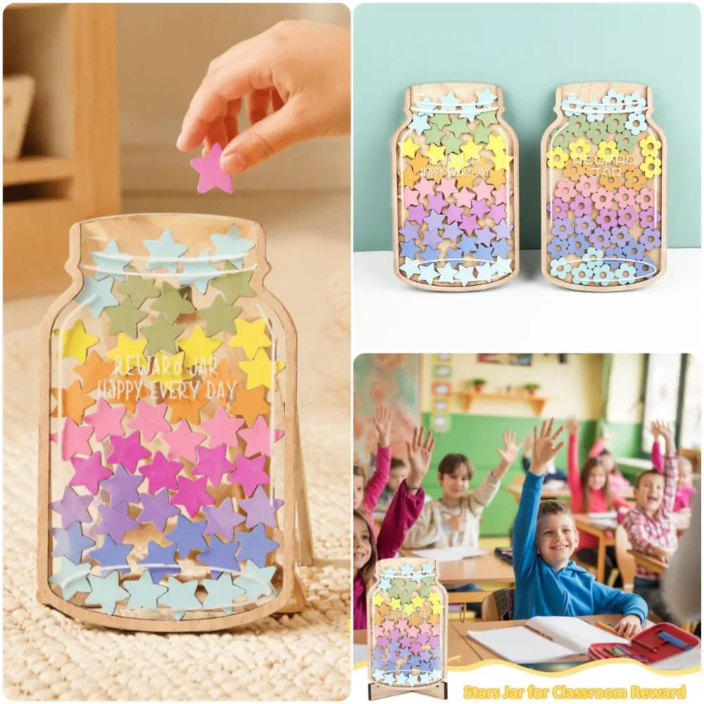 Multicolor Reward Jar 45Pcs Star Flowers Wooden Kids Reward Savings Bottle Points Reward Self-discipline Design Desktop Ornament