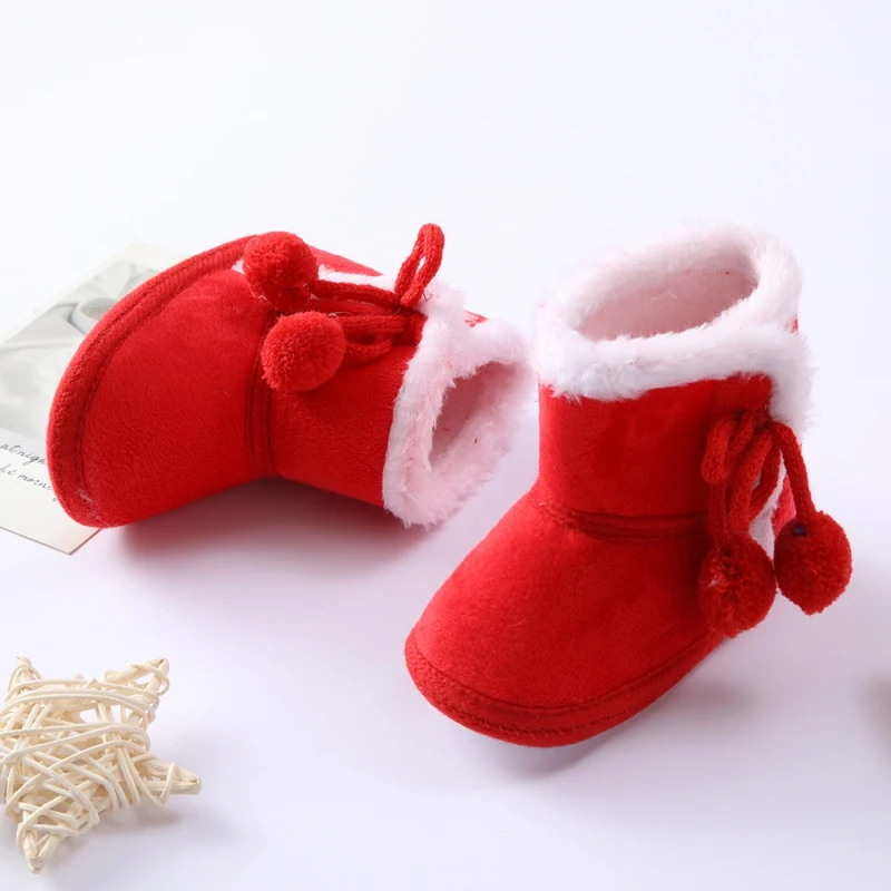 Baby Solid Color Cotton Shoes With Fleece Double Pom Soft Soled Toddler Shoes Baby Snow Boots Plush 0-18 Years Old Baby Shoes