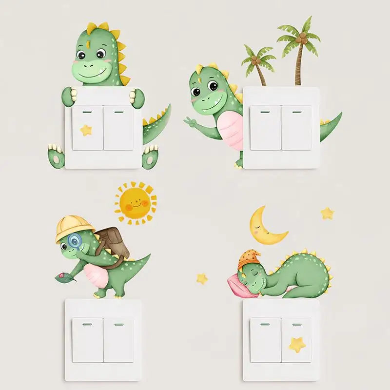 Glow-in-the-dark Dinosaur, Sun, And Moon Light Switch Stickers For Bedroom And Living Room Decorative Walls.