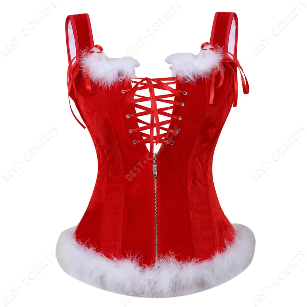 Red Corset Tops for Women Christmas Corset with Feather Santa Costume Carnival Sexy Overbust Corset with Straps