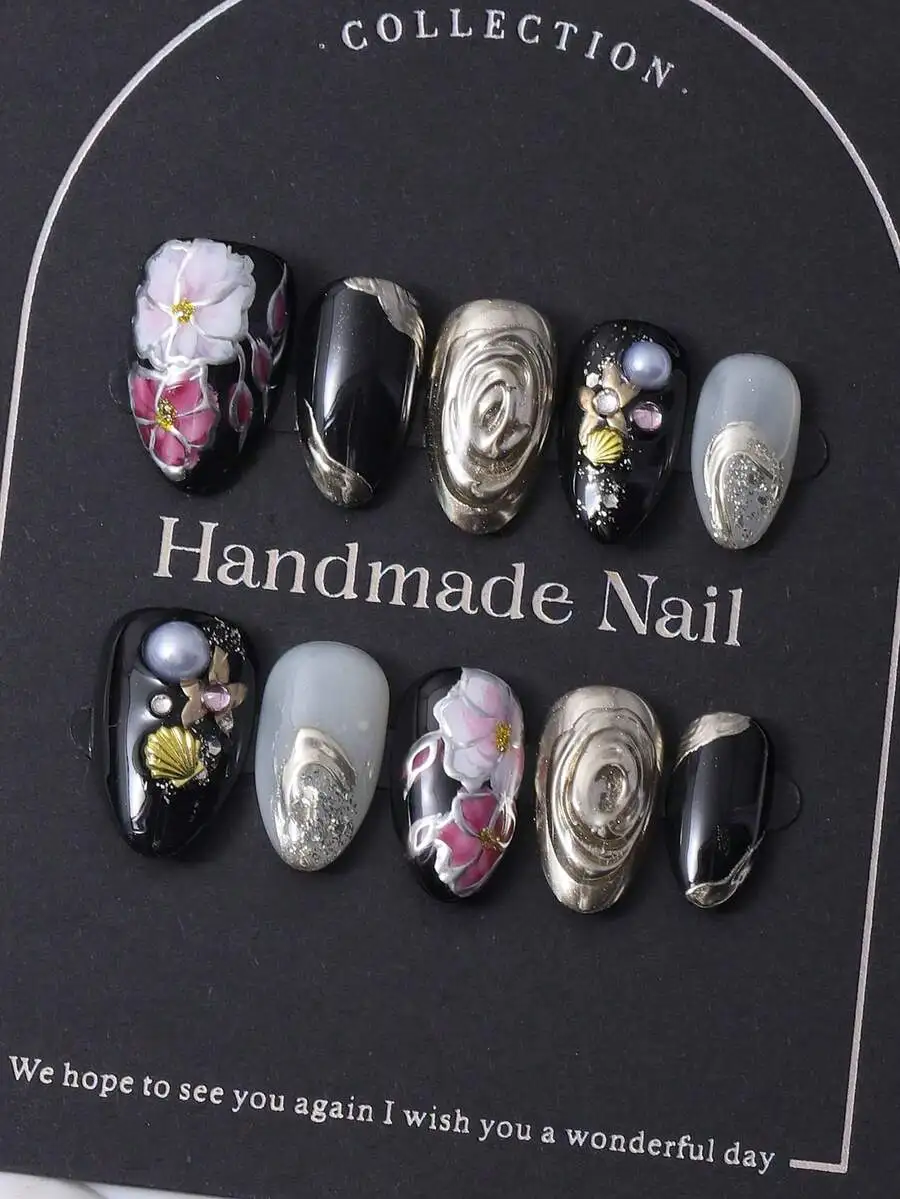 

10pcs/Set European And American Handmade Short Almond Shaped Nail Stickers In Y2K Brown Style & 3D Handcrafted Engravings & Hand