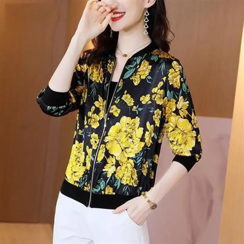 All-match Chiffon Cardigan Zipper Lantern Long Sleeve Plant&Flowers Printed Round Neck Women\'s Coats Clothing Jackets Tops