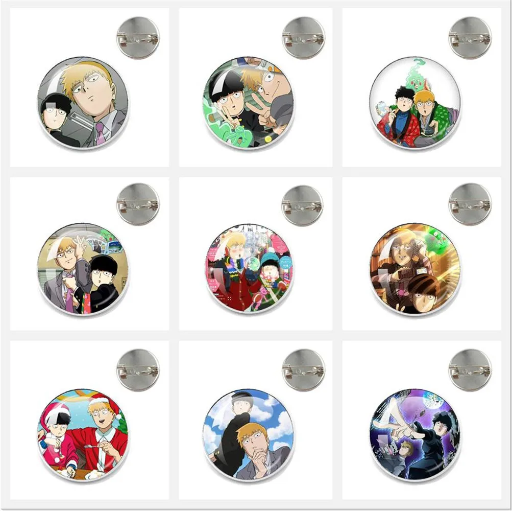 Mob Psycho 100 Anime Badges On Backpack Accessories Lapel Pins Cartoon Glass Dome Brooches For Clothes Hat Decor Fans Gift