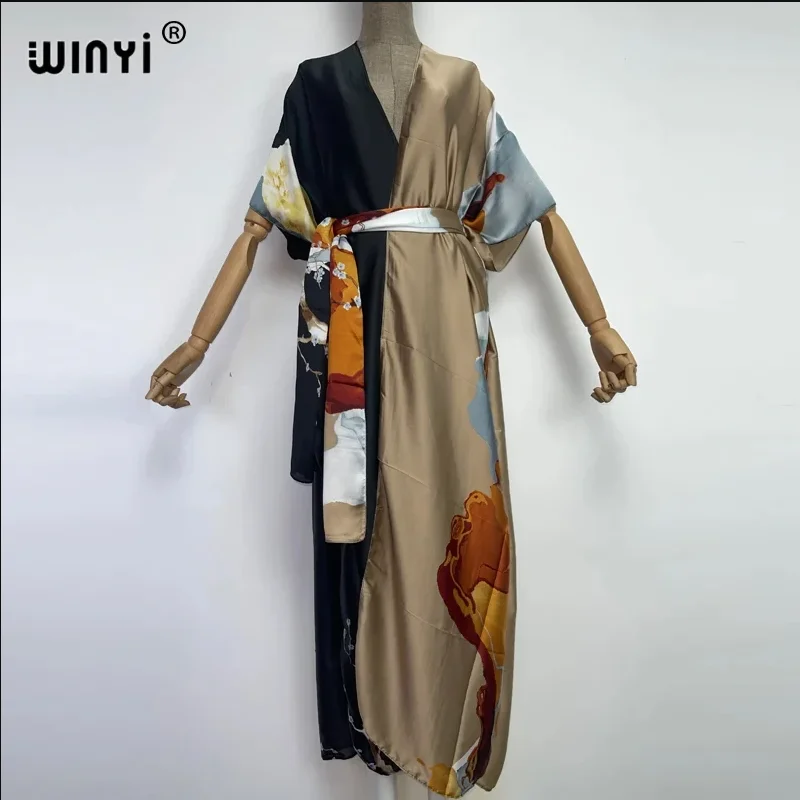 

WINYI Catwalk Kimono Women Printed bubble hem coat Long Sleeve Cardigan abaya dubai luxury beachwear Cover Up boho dress Caftan