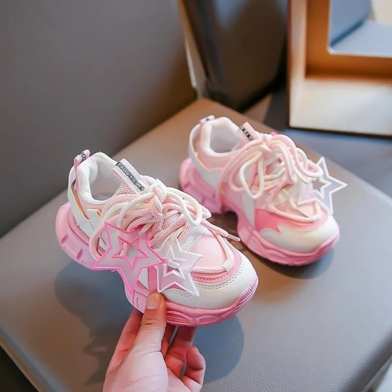 Children Casual Shoes for Girls Fashion Classic with Star Decor Girls Running Sneakers Breathable PU + Rubber Anti-skid Soft
