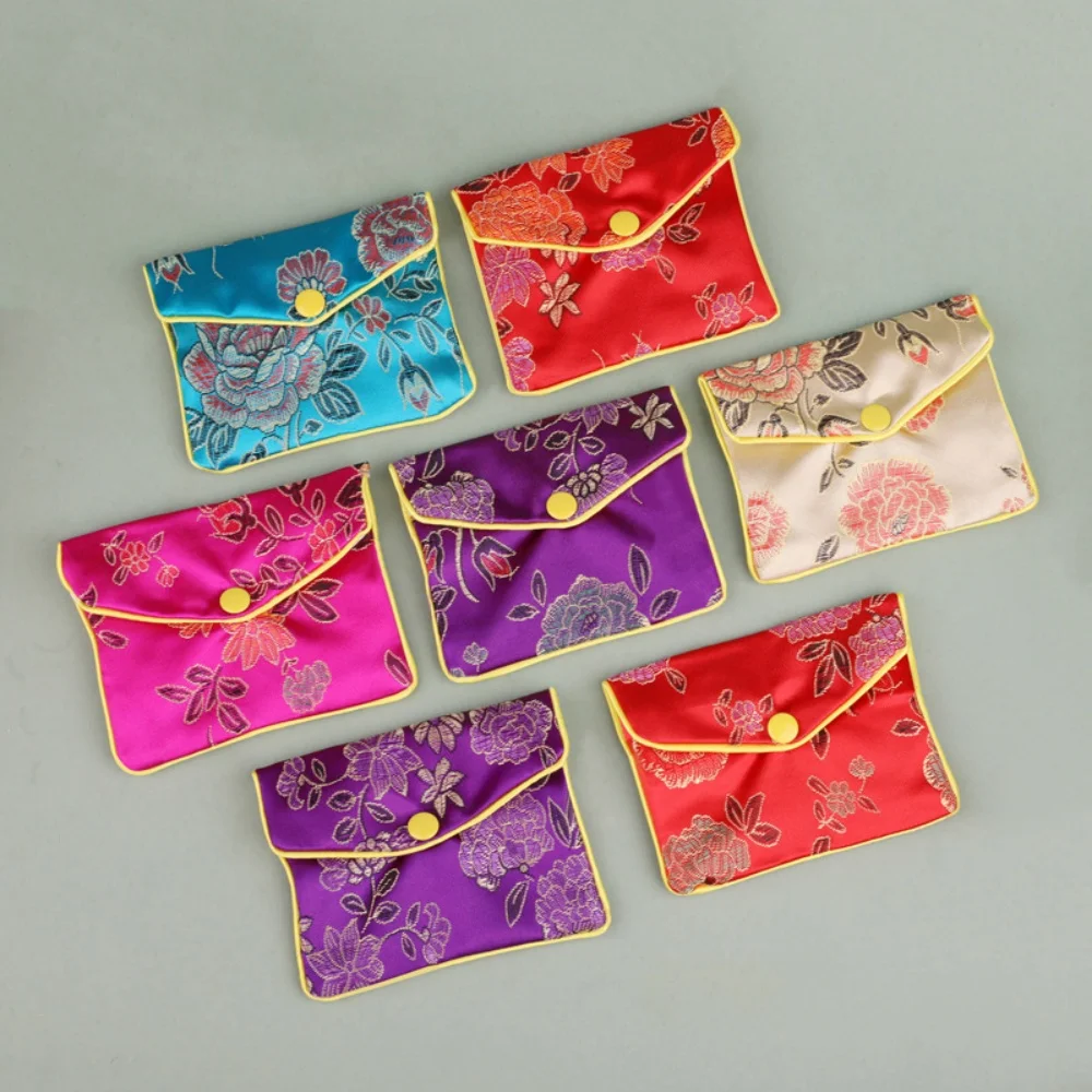 Chinese Brocade Jewelry Storage Bag Zipper Snap Necklace Bracelet Earring Storage Pouch Satin Pocket Portable Travel Coin Purse