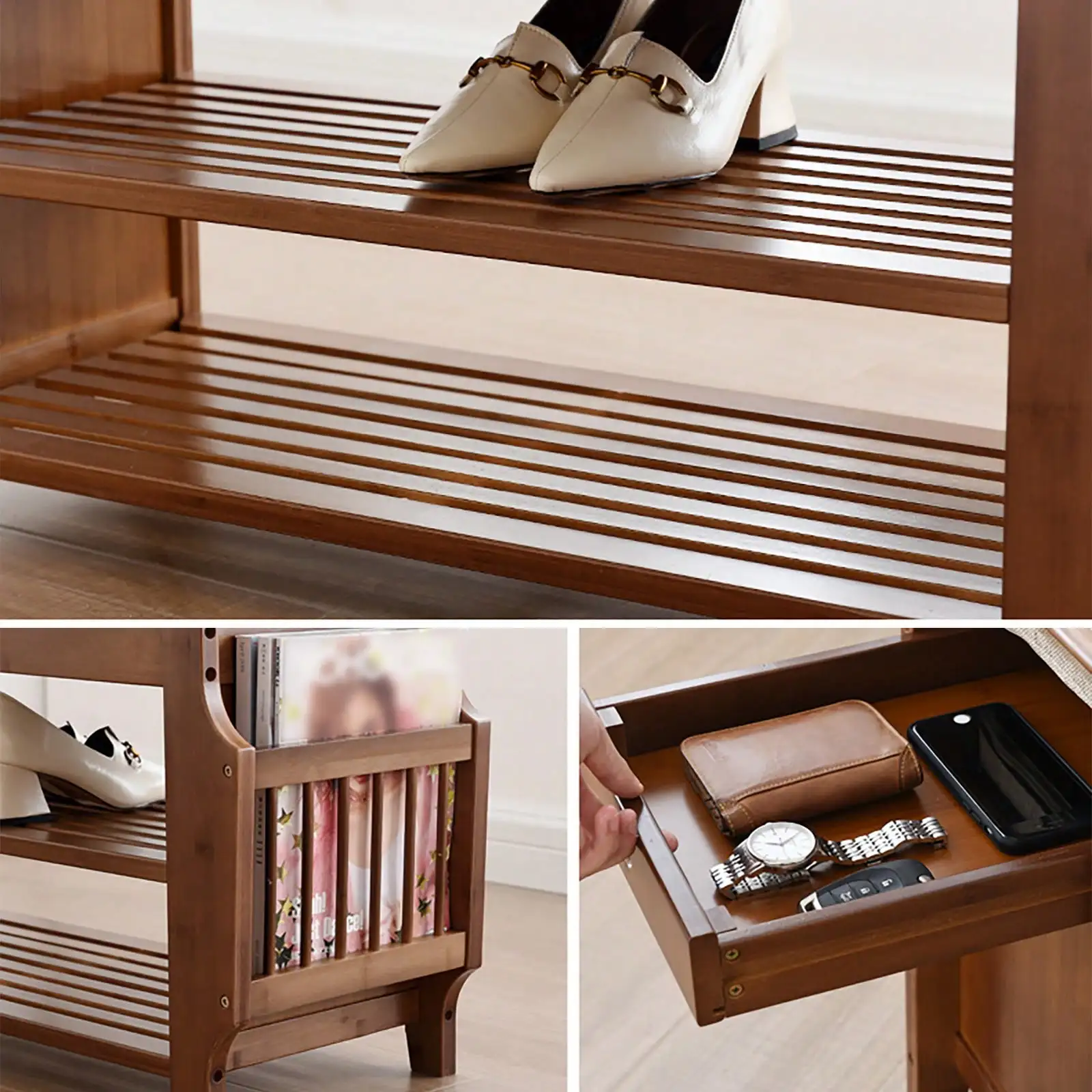 

Bamboo Shoe Rack Bench 3-Tier Sturdy Shoe Organizer With Soft Seat Bamboo Cushion Storage Shelf For Hallway Livingroom