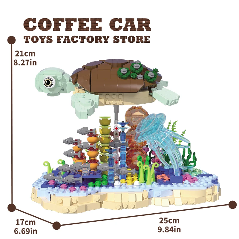 Kit di blocchi di costruzione della vita marina fai-da-te Tartaruga marina Figura MOC Mattoni Scena subacquea Modello Animale dell'oceano Decorazioni divertenti Regali di compleanno