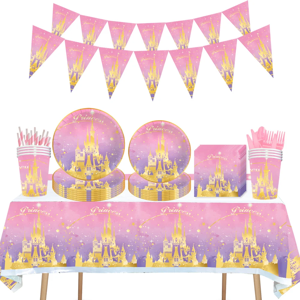 Disney Girl\'s Birthday Party Princess różowy zamek sztućce talerz papierowy dekoracje kubek papierowy materiały imprezowe