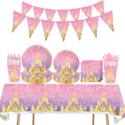 Disney Girl's Birthday Party Princess różowy zamek sztućce talerz papierowy dekoracje kubek papierowy materiały imprezowe