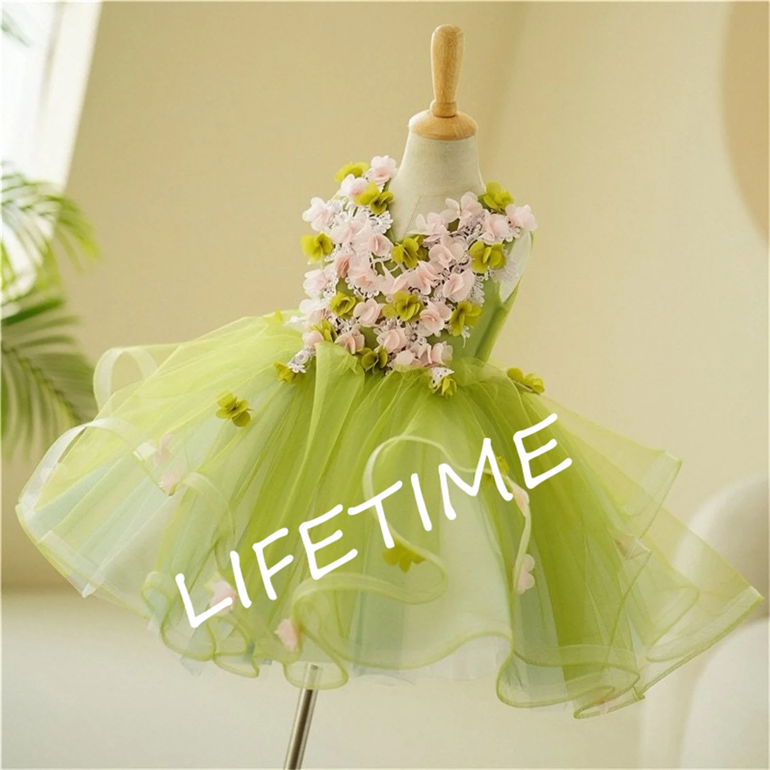 Sage Green Bordado Flower Girl Dress, Apliques florais sem mangas, Vestidos de tule princesa, Vestido de festa formal