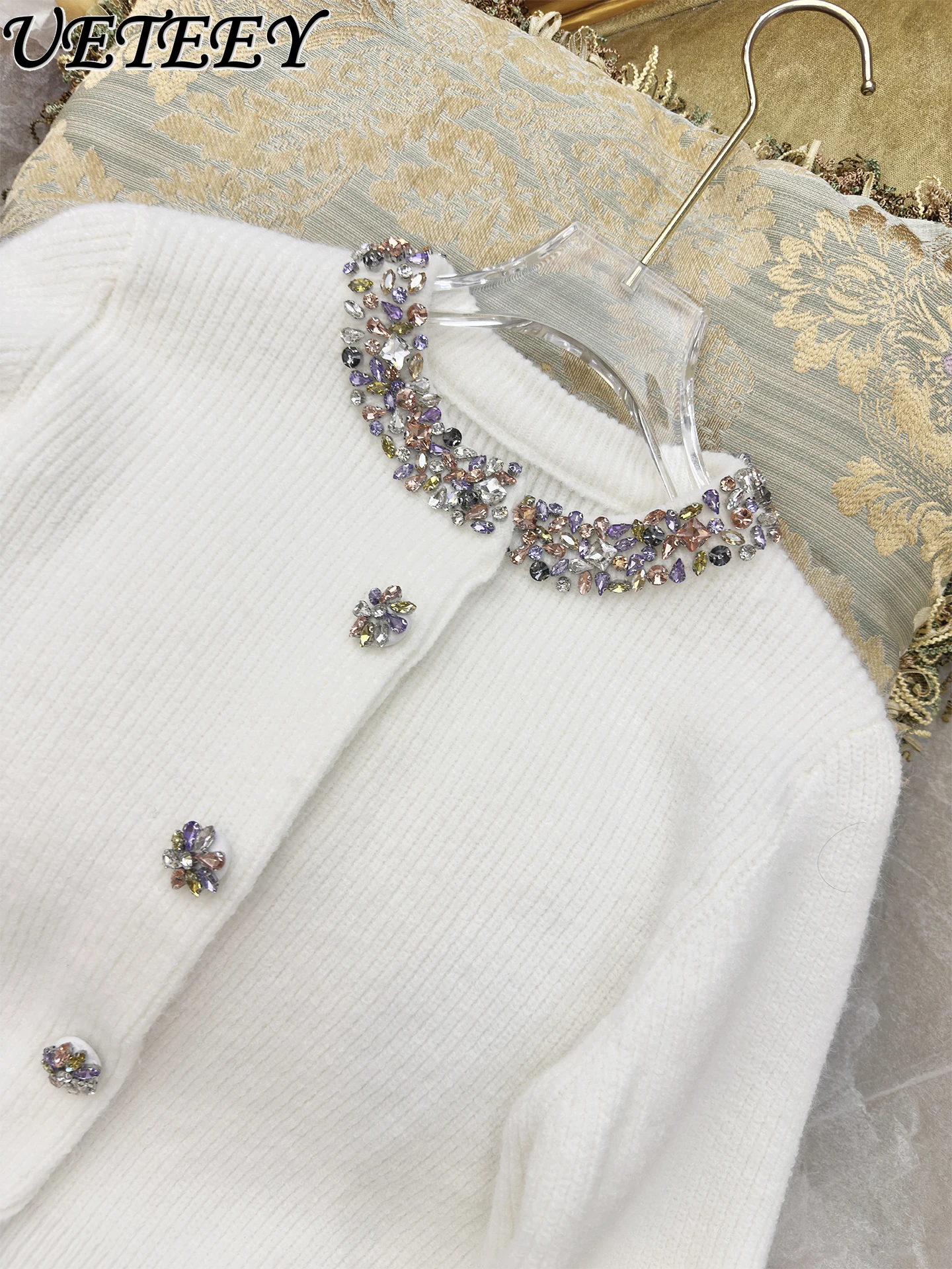 

Осень-зима, новый однобортный универсальный вязаный кардиган с круглым вырезом для девочек, белый вязаный свитер с украшением, куртка