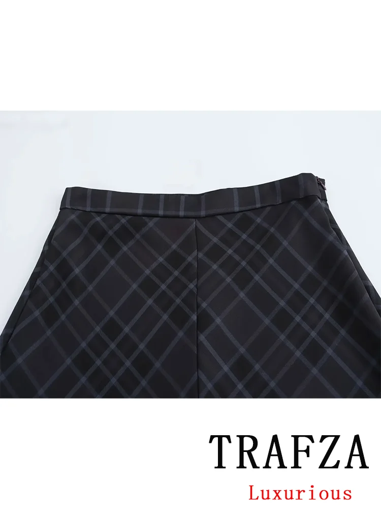 TRAFZA Vintage Casual Chic Women Skirt Plaid Zipper Long A-Line Skirt New Fashion 2024 Autumn Winter Holiday Female Long Skirt