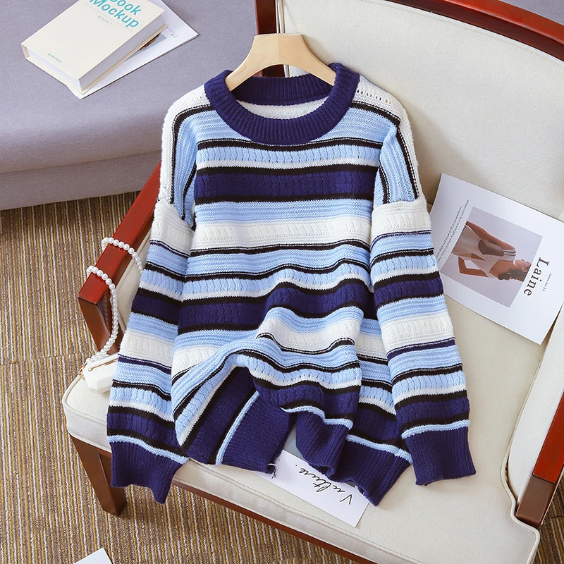 Maglione pullover con scollo allentato a righe Autunno New Fashion Top lavorato a maglia a maniche lunghe Versione coreana Giacca versatile per pendolarismo