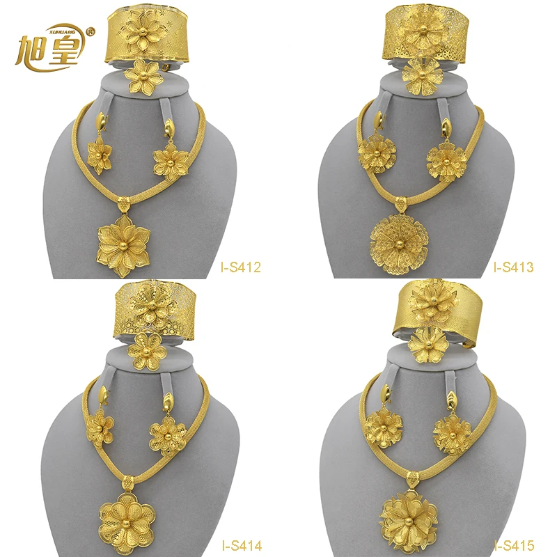 

XUHUANG Dubai Flower Shaped Fashion Necklace Jewelry Sets Designed For Women Indian 24K Plated Gold Necklace Bracelet Set Gifts