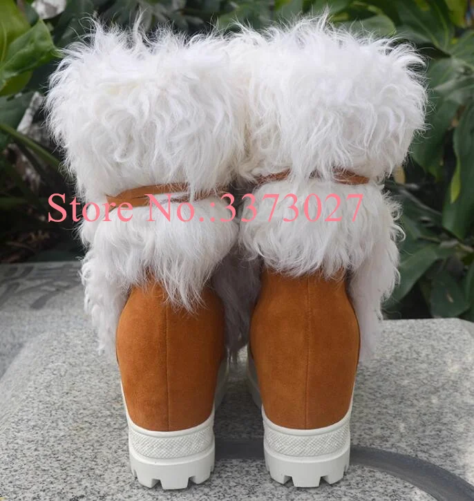 Brown Color Warm Fur Lady Boots Fashion 10cm Increasing Heel Lace-up Woman Snow Boots Sexy Platform Ankle Boots