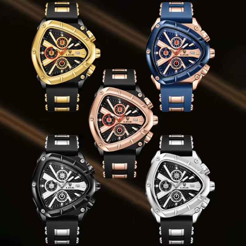 LIGE, nuevos relojes para hombre, reloj de pulsera de cuarzo triangular creativo, punteros luminosos, reloj militar con correa de goma, reloj resistente al agua para hombre