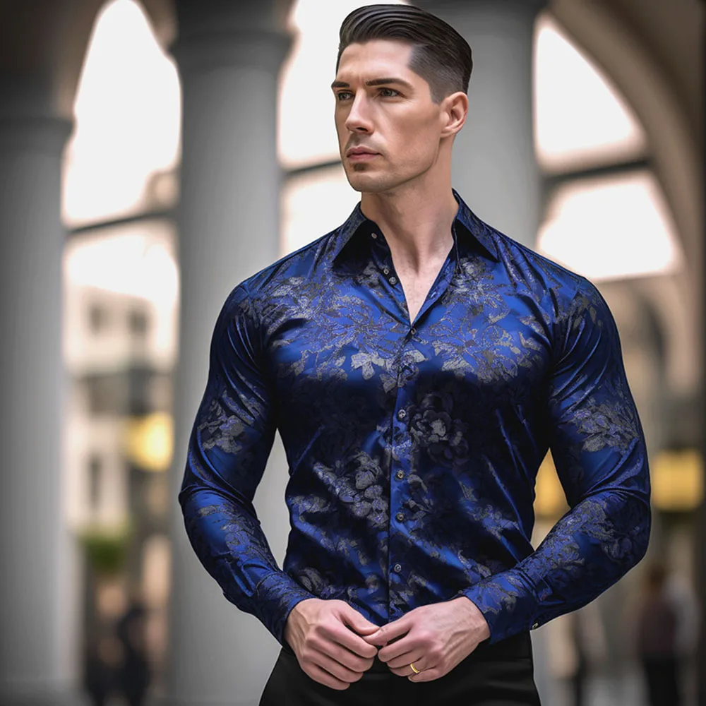 

Barry.Wang Silk Paisley Men Shirt Royal Blue Spring Autumn Lapel Woven Long Sleeve Embroidered Luxury Fit Party Wedding CY-0424