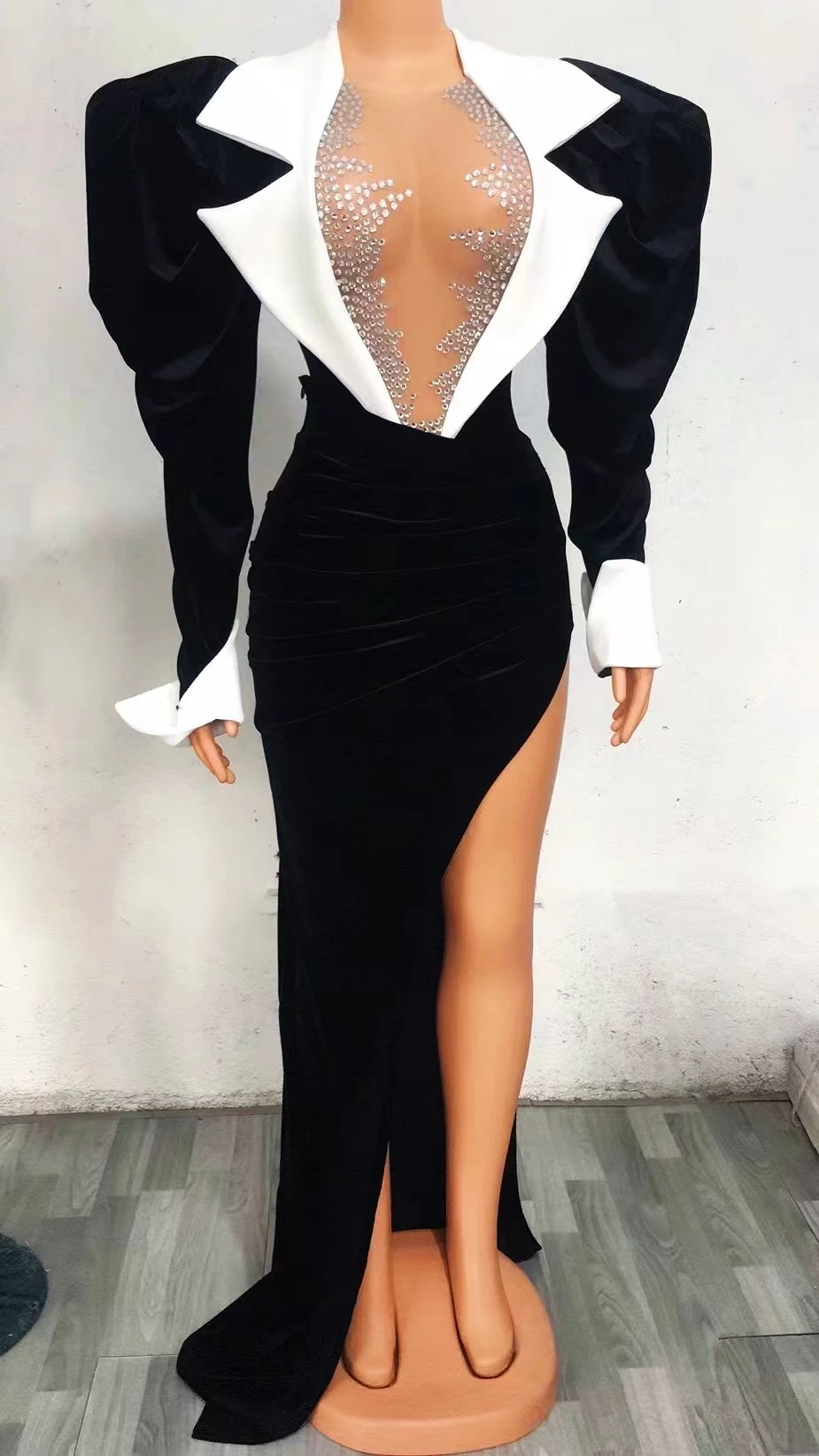 

Sexy Black Velvet Puff Sleeve 2PCS BodysuitLong Tail Skirt Dress Set Birthday Celebrate PartyEvening Dress Show Stage Wear A098