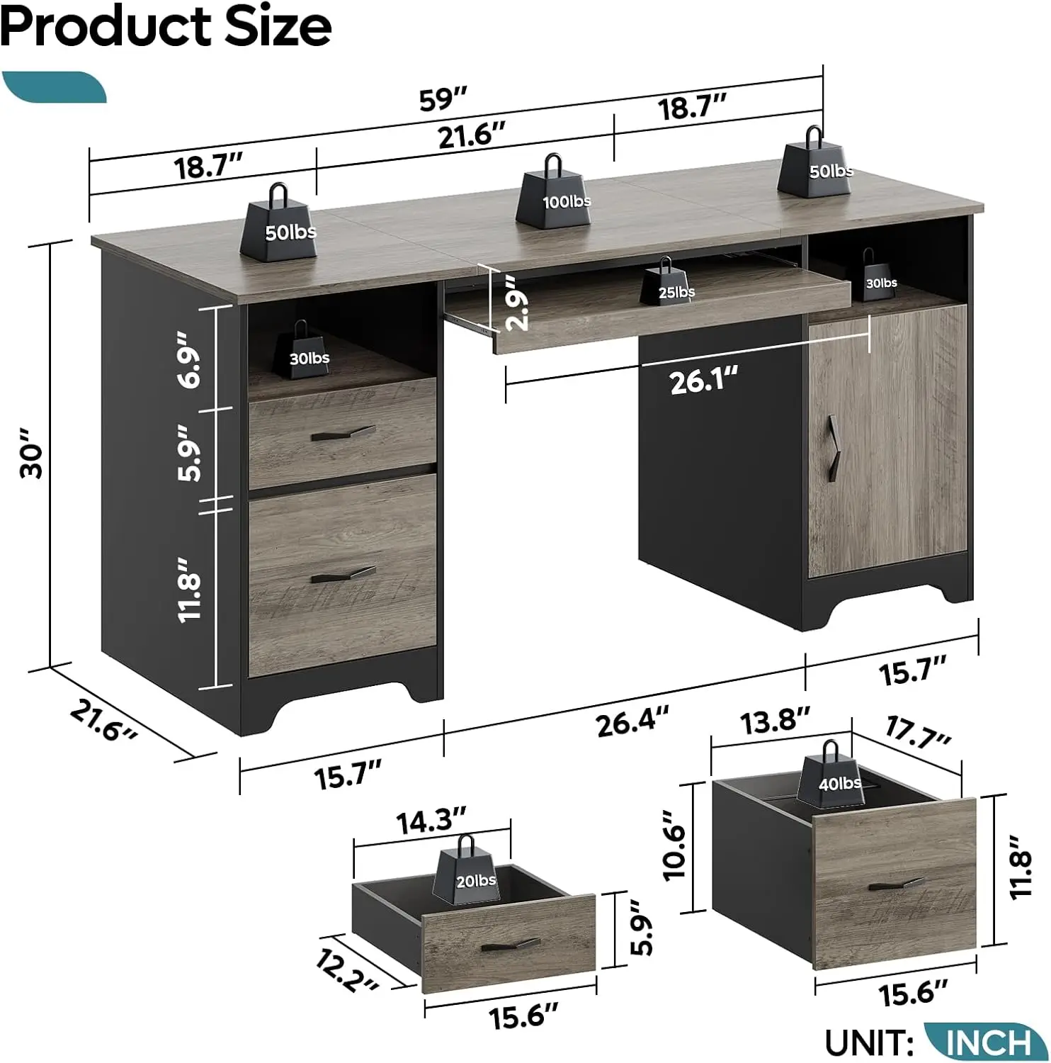 Bestier 59” Executive Desk with 2 Drawers, Computer Desk with Storage Cabinet, Industrial Wood Desk with File Drawer, Keyboard T