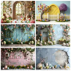 Spring Easter Backdrop for Photography Rustic Wood Wall Floor Bunny Eggs Plants Baby Shower Kids Birthday Party Photo Background