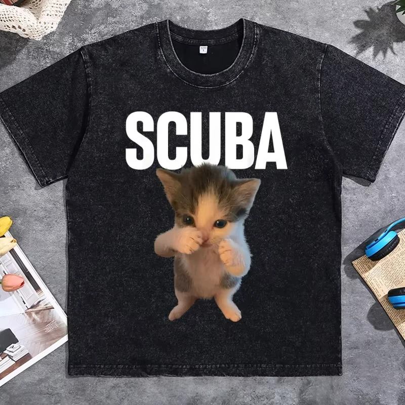 Funny Dancing Scuba Cat Viral Meme T-Shirt Men Women Cute Diving Cat Graphic T Shirts Casual Tee Vintage Round Neck Tshirts