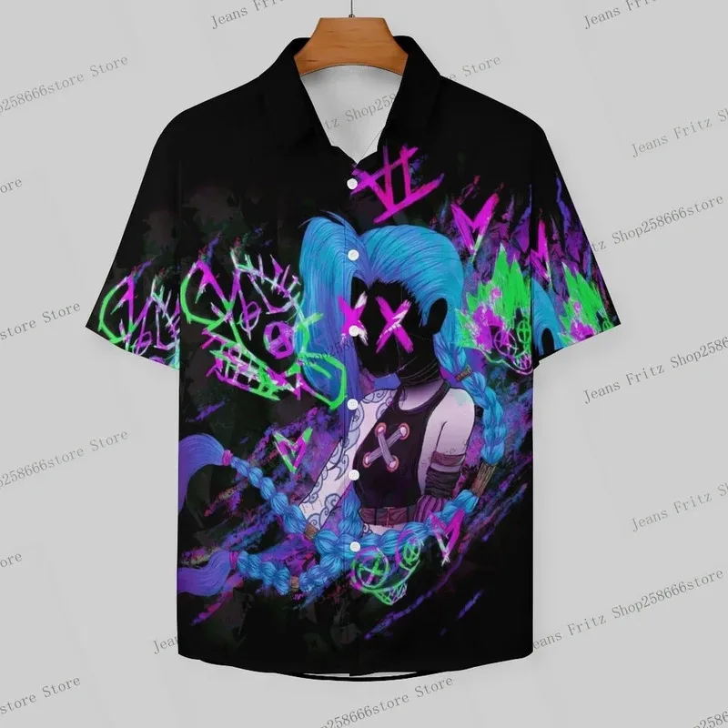 Popular Anime Arcane League Jinx 3D Printing Man/Women Casual Fashion Short Sleeves shirt Lapel Button Oversized Unisex Shirts